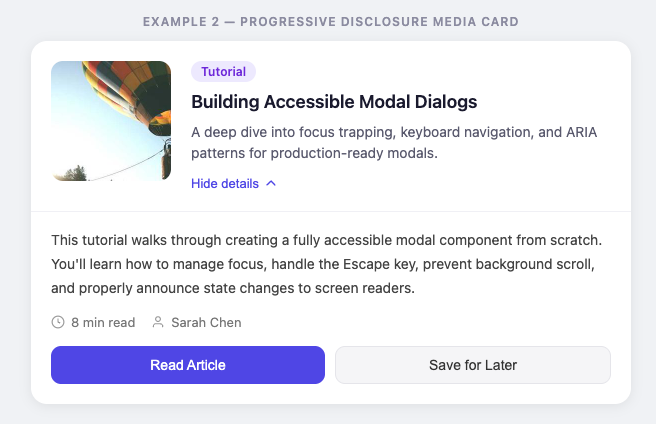 Progressive disclosure card in its expanded state