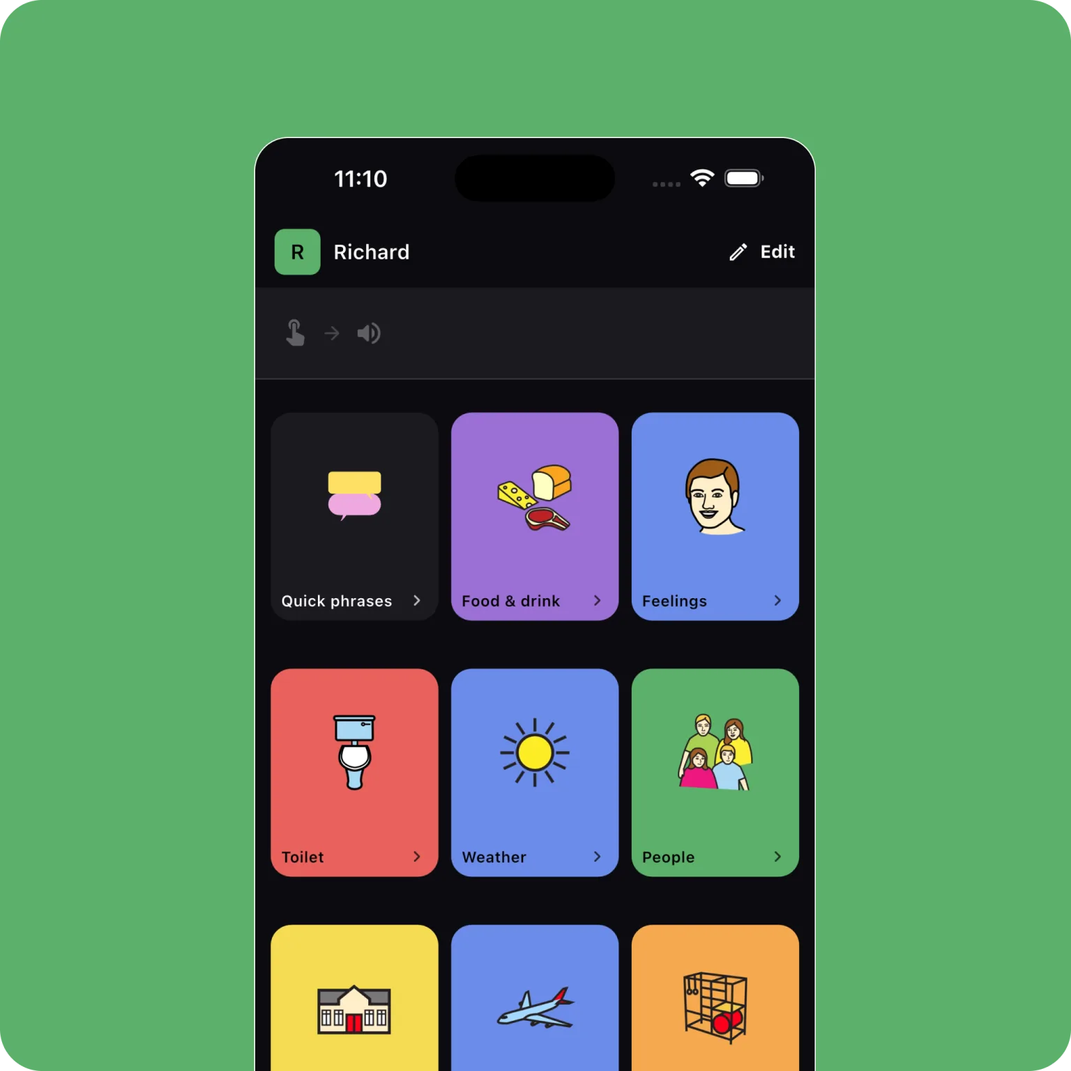 The Talkr home screen with picture categories like Food & drink, Feelings, and Weather